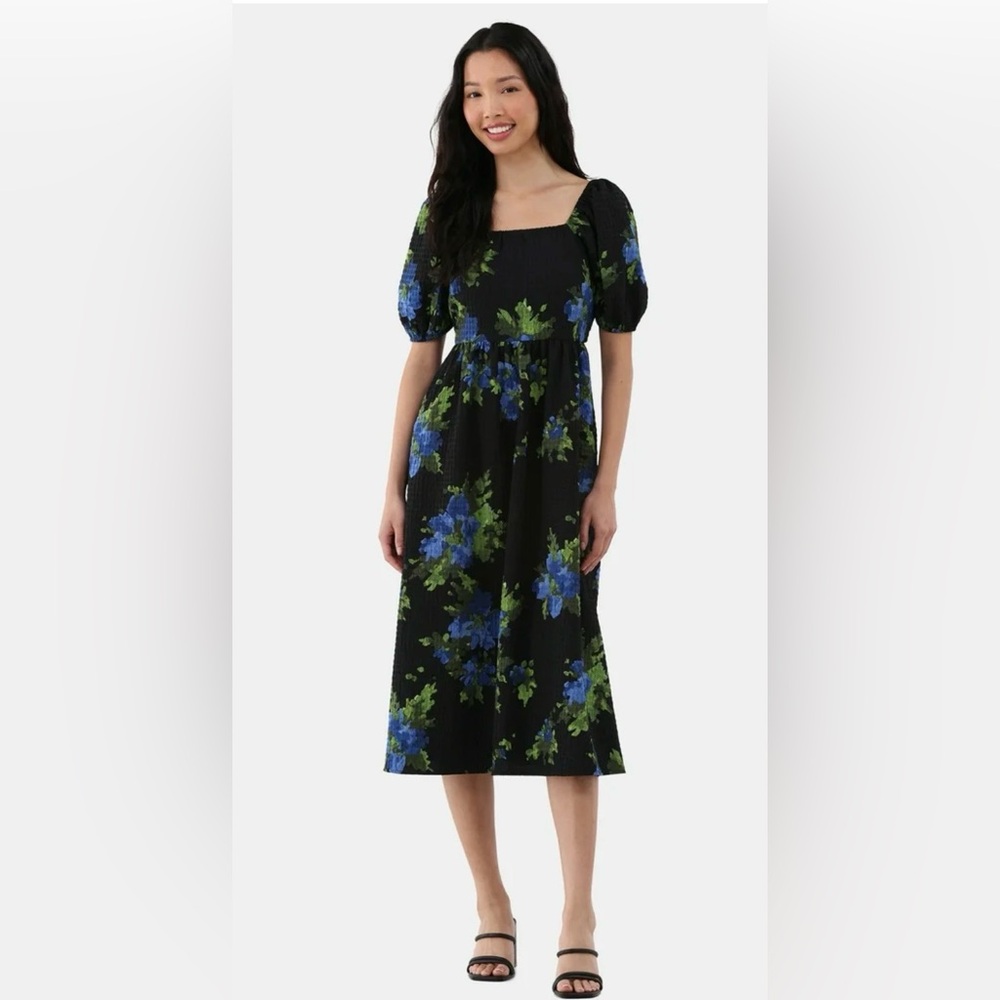 Time & Tru Women's Tie Back Midi Dress with Puff Sleeves Sz L ~ Like New